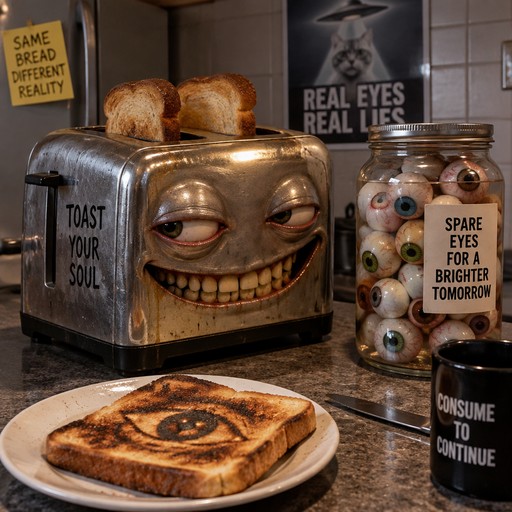 a creepy toaster and a jar of eyeballs