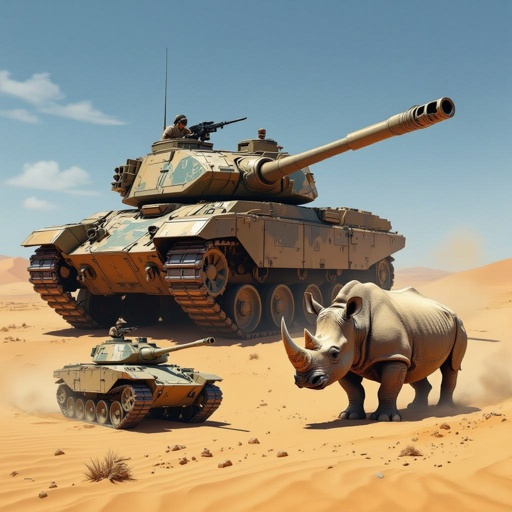 Tank and a rhino in the dessert