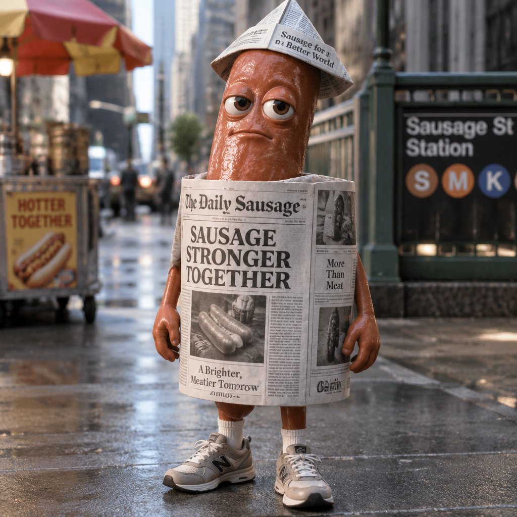 Anthropomorphic sausage wearing a newspaper costume on a rainy city street.