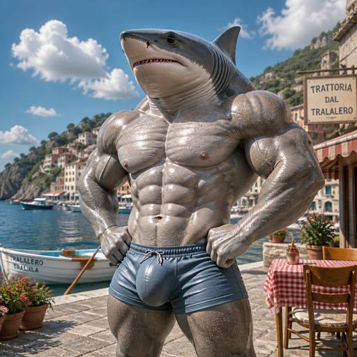 Muscular anthropomorphic shark posing by a sunny seaside restaurant.