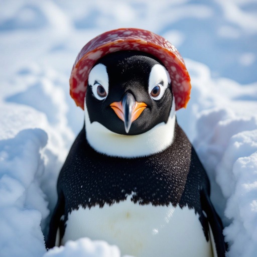 Penguin with salami head 2 human eye and penguin beak in snow
