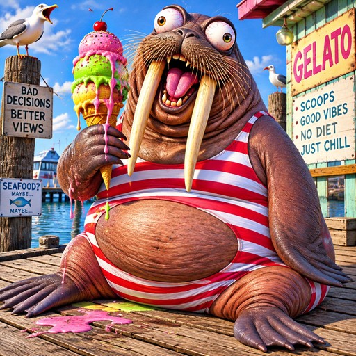 Cartoon walrus wearing a striped shirt, holding colorful gelato by a seaside shop