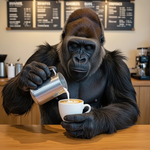カフェの店員のゴリラがミルクコーヒーを注ぐ