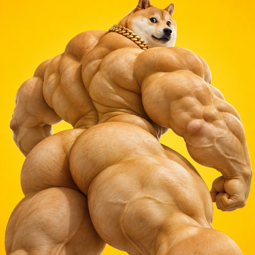 Muscular cartoon dog posing against a bright yellow background.