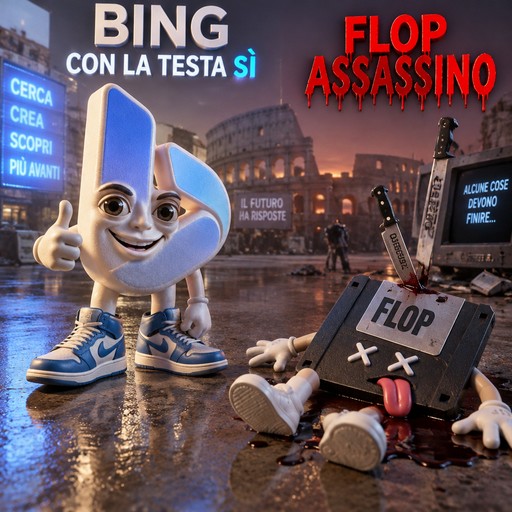 A blue shopping bag character and cartoon figures on a rainy city street with Italian text.