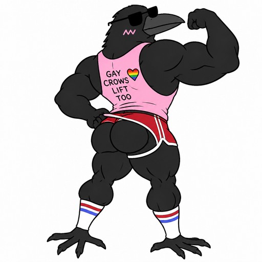 Cartoon dark-feathered bird flexing in a pink tank top and striped socks