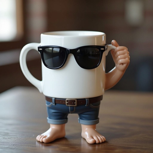 Uma caneca com pernas e braços e com óculos escuros