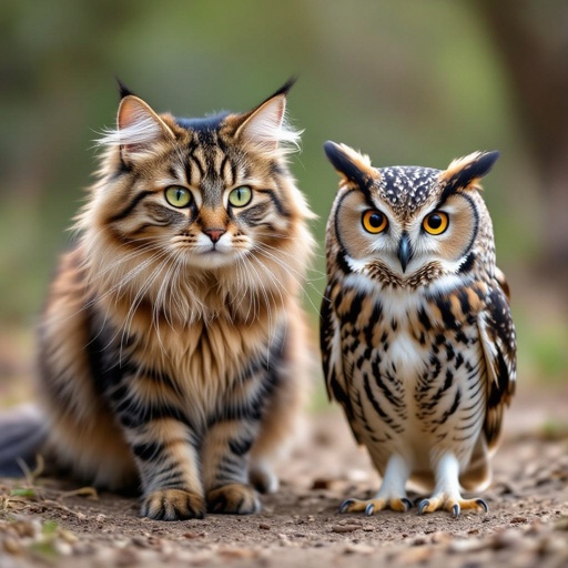 A cat marched with a owl
