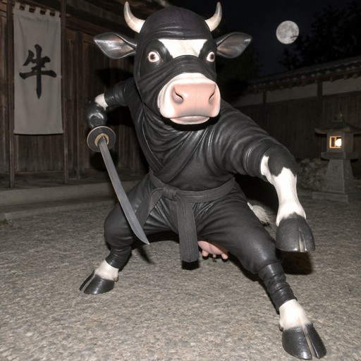 A black-clad cow-headed character crouches with a sword in a dim room.