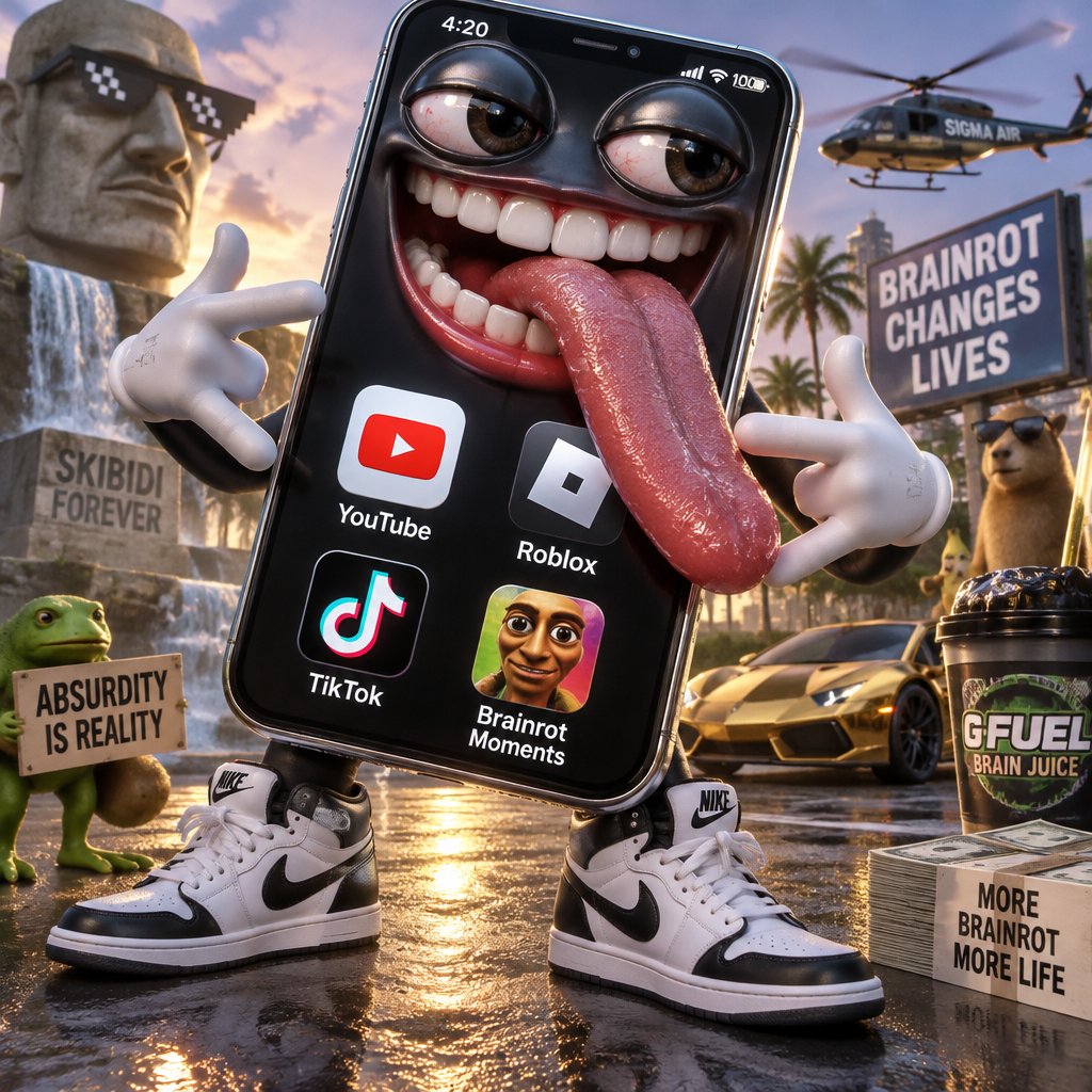 Grinning smartphone character displays social media icons amid surreal brainrot meme collage.