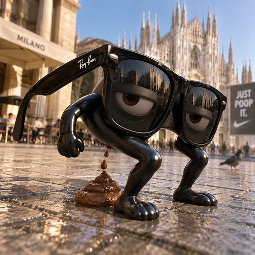 Anthropomorphic sunglasses crouch beside a pile of poop in a city square