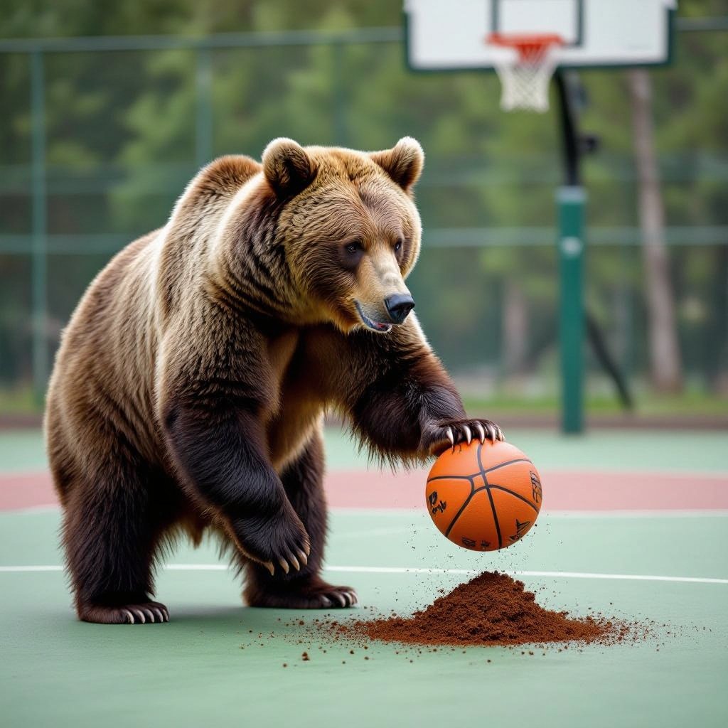 A bear playing basketball and pooping