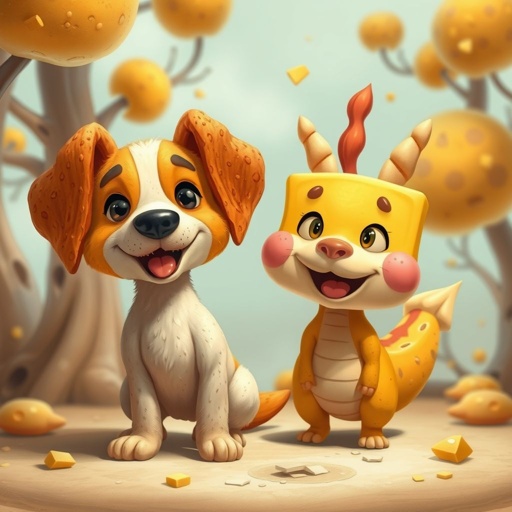 Dog with a bread texture for fur and crust ears a tale who is called doginino toastino who live in a world surrounded with bread animals and trees he loves butter bones and his biggest enemy dragnito cheeseinito
