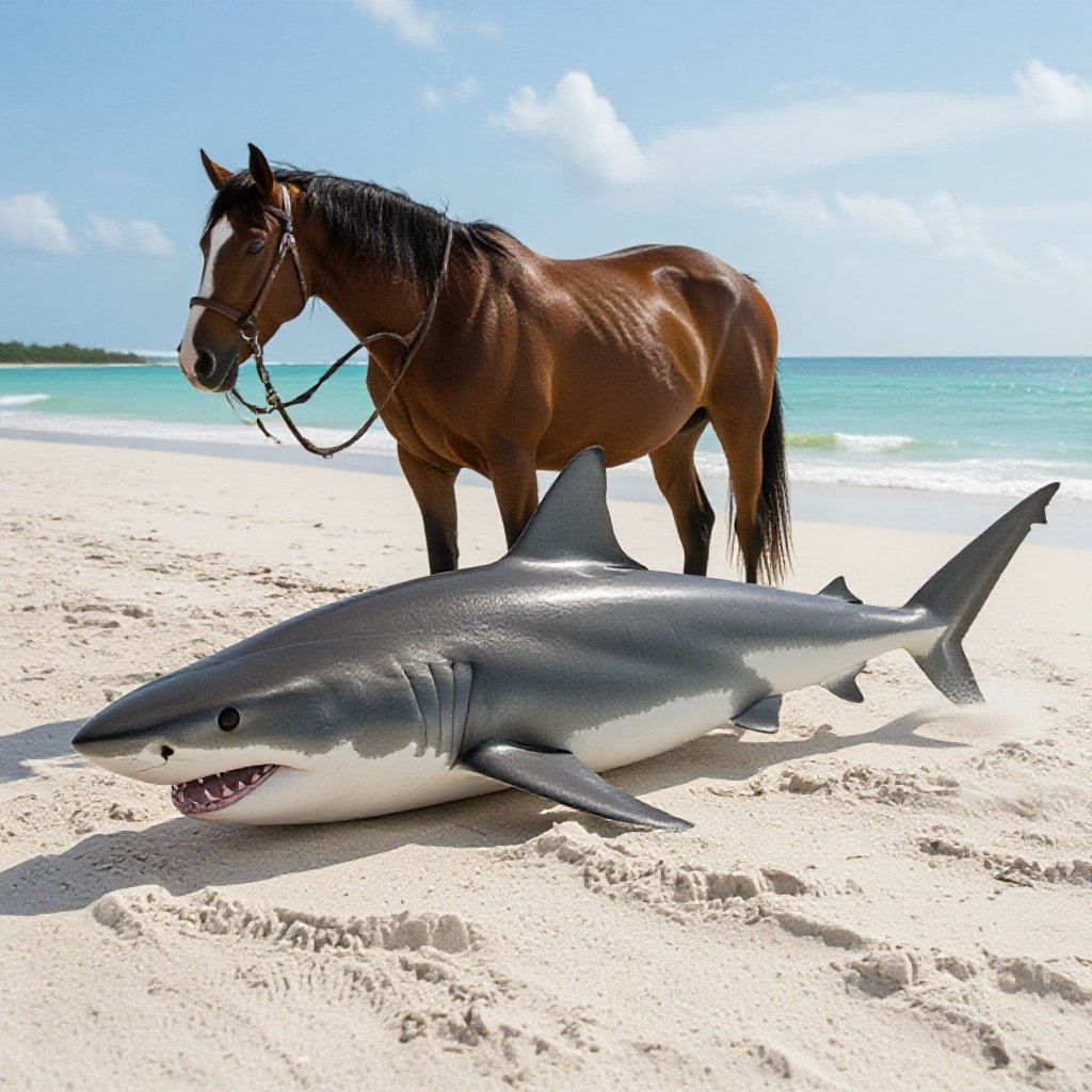 Uno squalo che a il corpo da cavalo sulla spiaggia