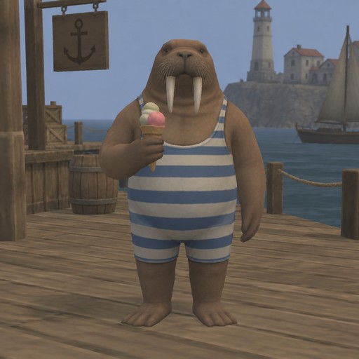 Cartoon walrus in a striped outfit holding an ice cream cone by the harbor
