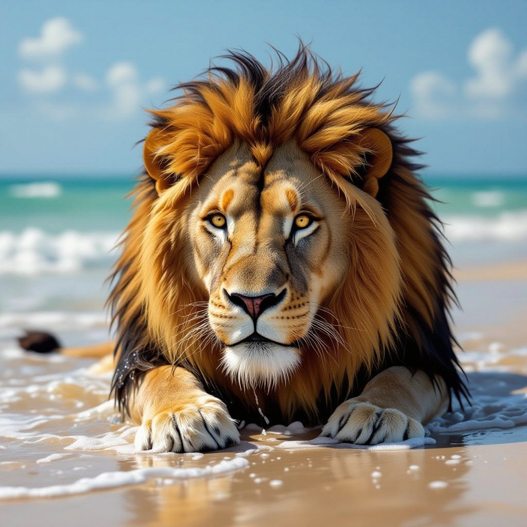 Lion As Water rescue on beach