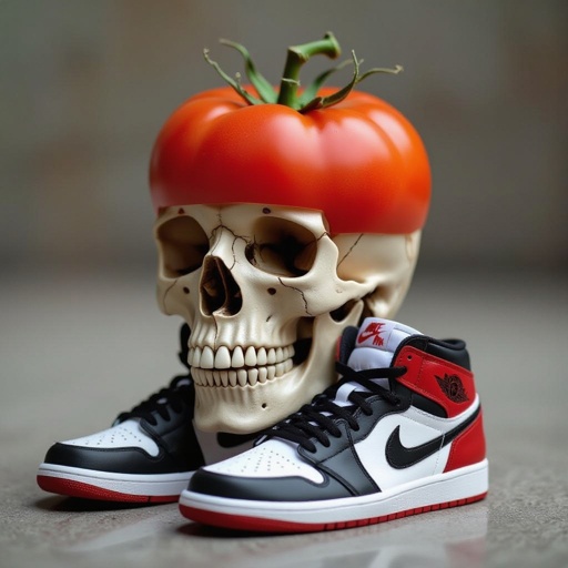 Uma caveira com cabeça de tomate, com corpo e com tênis da Nike. Bem realista