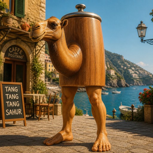 Surreal 3D camel-shaped wooden container walking along a seaside café promenade