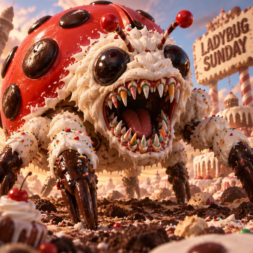 A giant red ladybug-themed monster with an open mouth amid a candy-covered landscape.