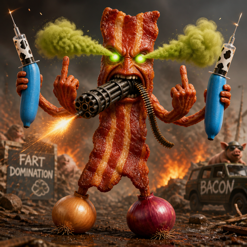 Crea un bacon con due diti medi e una minigun in bocca che spara scorregge dagli occhi e hai nei piedi delle cipolle marroni e rosse e nelle mani delle banane blu con delle siringhe di vacca