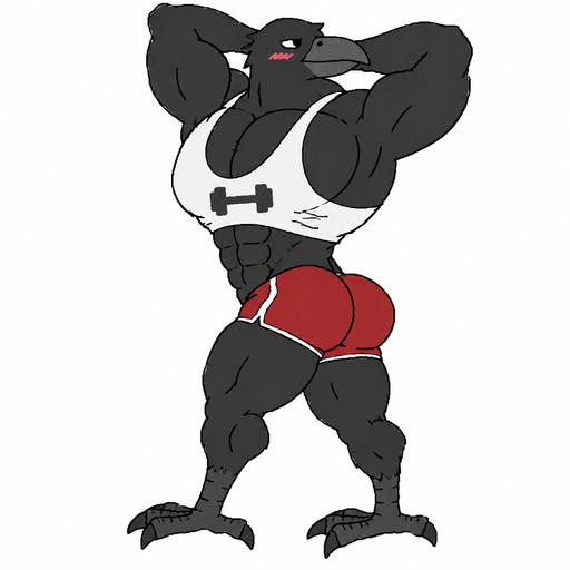 Muscular anthropomorphic bird flexing in red shorts, black-and-white cartoon style