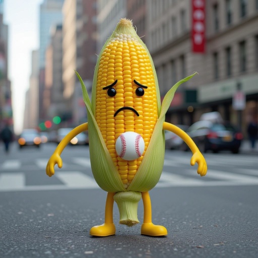 Corn with sad human face 2 yellow arm 2 yellow leg with corn baseball in city
