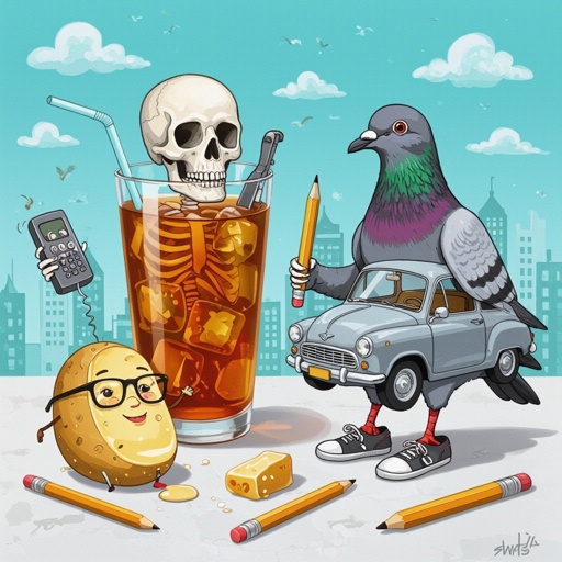 Iced tea with skeleton with phone head with pigeon with grey car body wear 2 shoes 4 pigeon leg with pencil with human face with salt and honey potato with human face wear glasses and necklace 1 human hand is good in city