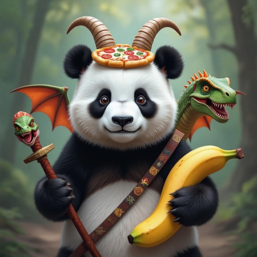 Un panda ha due teste di capre a e di t-rex con una pizza in testa le ali da drago la coda di un verme nell braccio destro una mazza nel braccio sinistro, una katana e il corpo di una banana