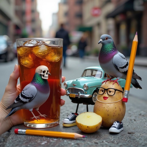 Iced tea with skeleton with phone head with pigeon with grey car body wear 2 shoes 4 pigeon leg with pencil with human face with salt and honey potato with human face wear glasses and necklace 1 human hand is good in city