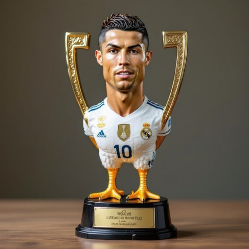 Faça um troféu com cara do Cristiano Ronaldo e com pernas de galinha 