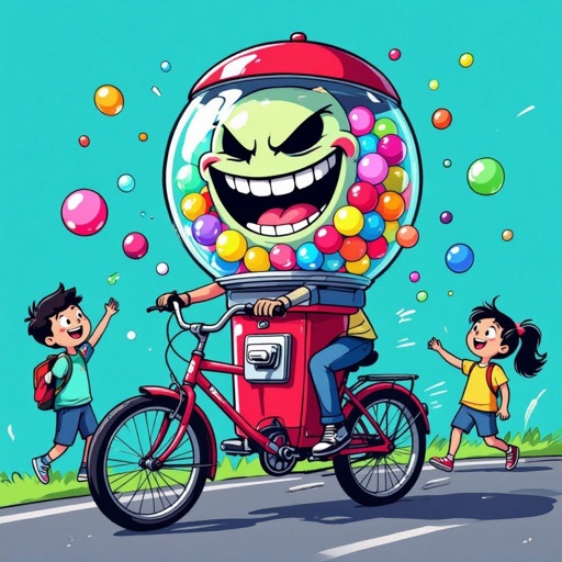 A bubble gum machine with a evil smile on its face riding a bicycle throwing bubblegum at kids