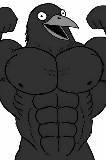 Black-and-white cartoon bird character flexing exaggerated muscles.