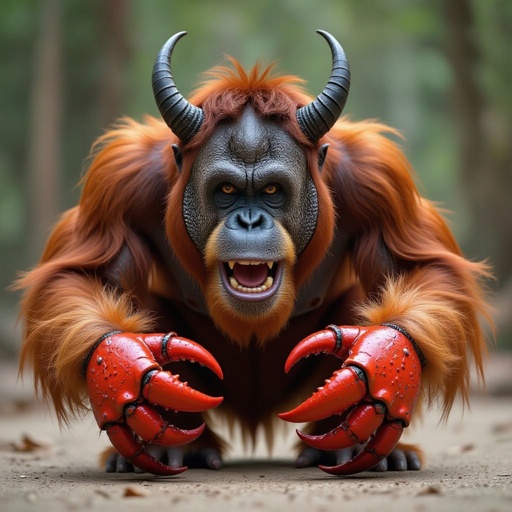 A angry golden orangutang with huge crab hands for his arms and he has horns