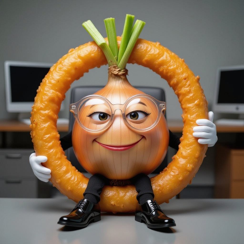 Make a onion ring with glasses with a smug face wearing black shoes and he’s in a office