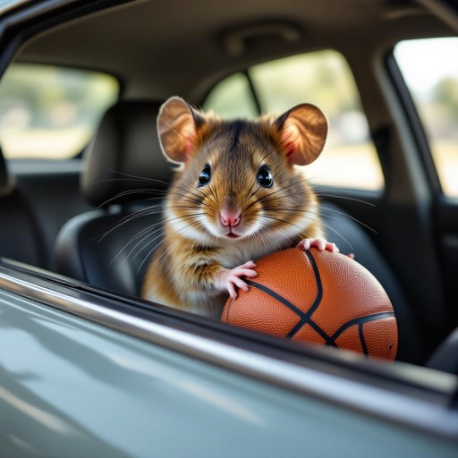 A mouse basketbaler in a car