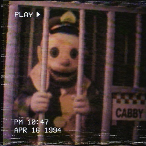 Pixelated person with a wide grin holding two dark bars in a dim interface scene