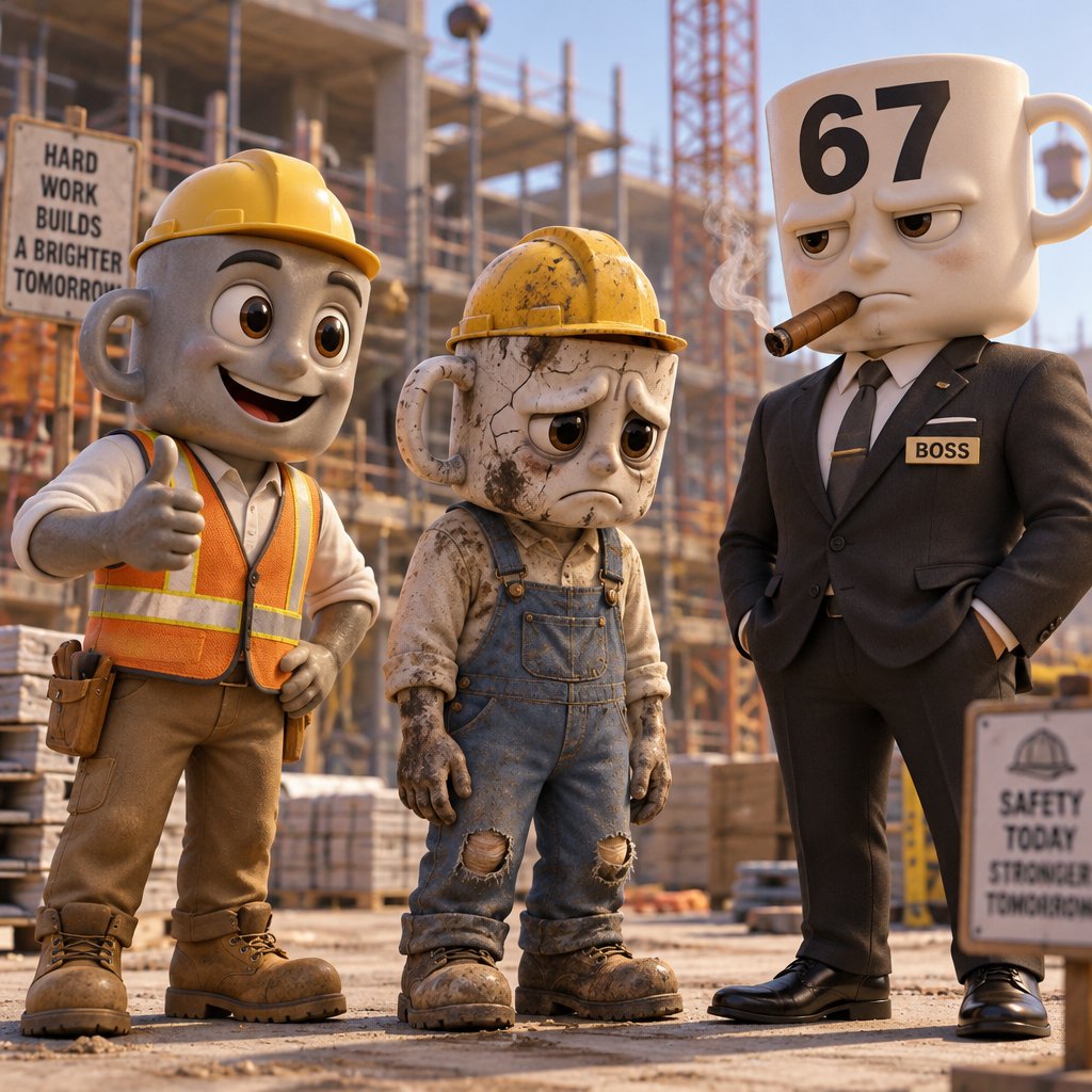 Three cartoon construction workers at a building site, including a suited figure with a number-shaped head.