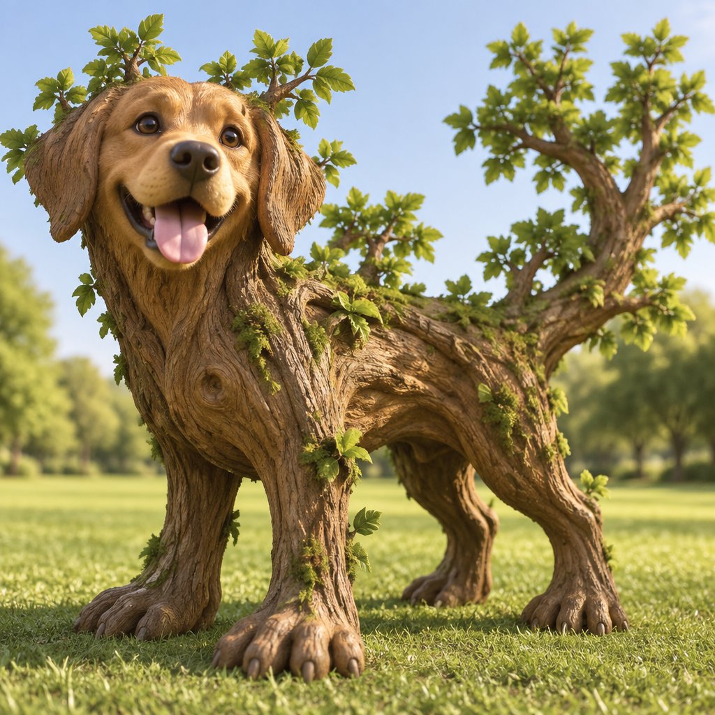 Cartoon-style dog-shaped tree standing in a sunny grassy landscape.