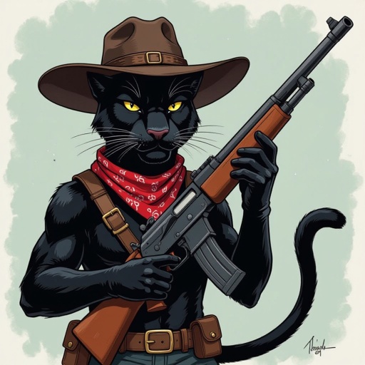 Una pantera nera con un fucile in mano vestita da bandito