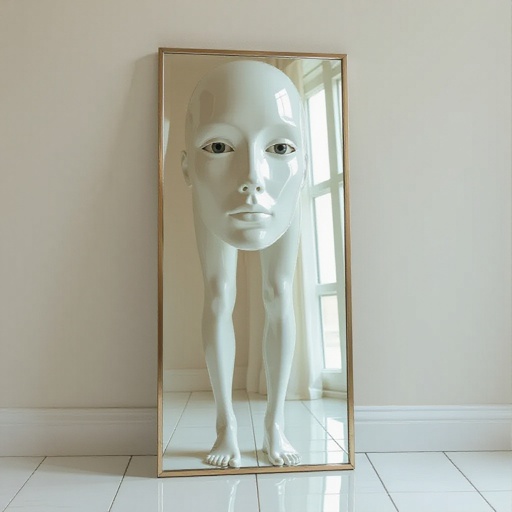 A mirror combined with a human face with legs and foot in a house