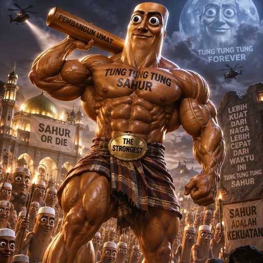 Muscular cartoon figure holding a scroll amid glowing text and a crowd at night