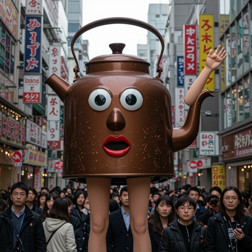 Brown kettle 2 human leg 1 human arm nose and mouth 2 big eye in city