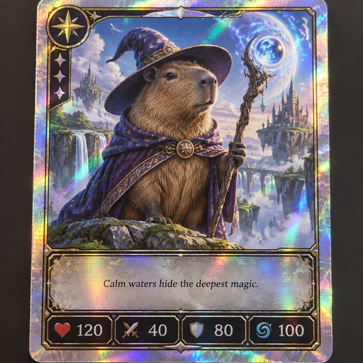 Fantasy trading card showing a robed capybara wizard with a staff and glowing symbols in a colorful landscape.