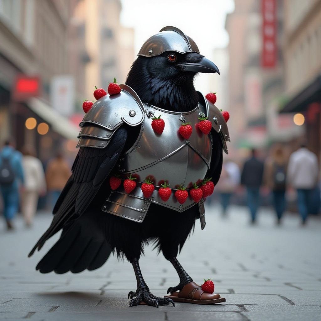 Crow with wear armor and armor helmet with 9 raspberry on armor with 2 sandals in city