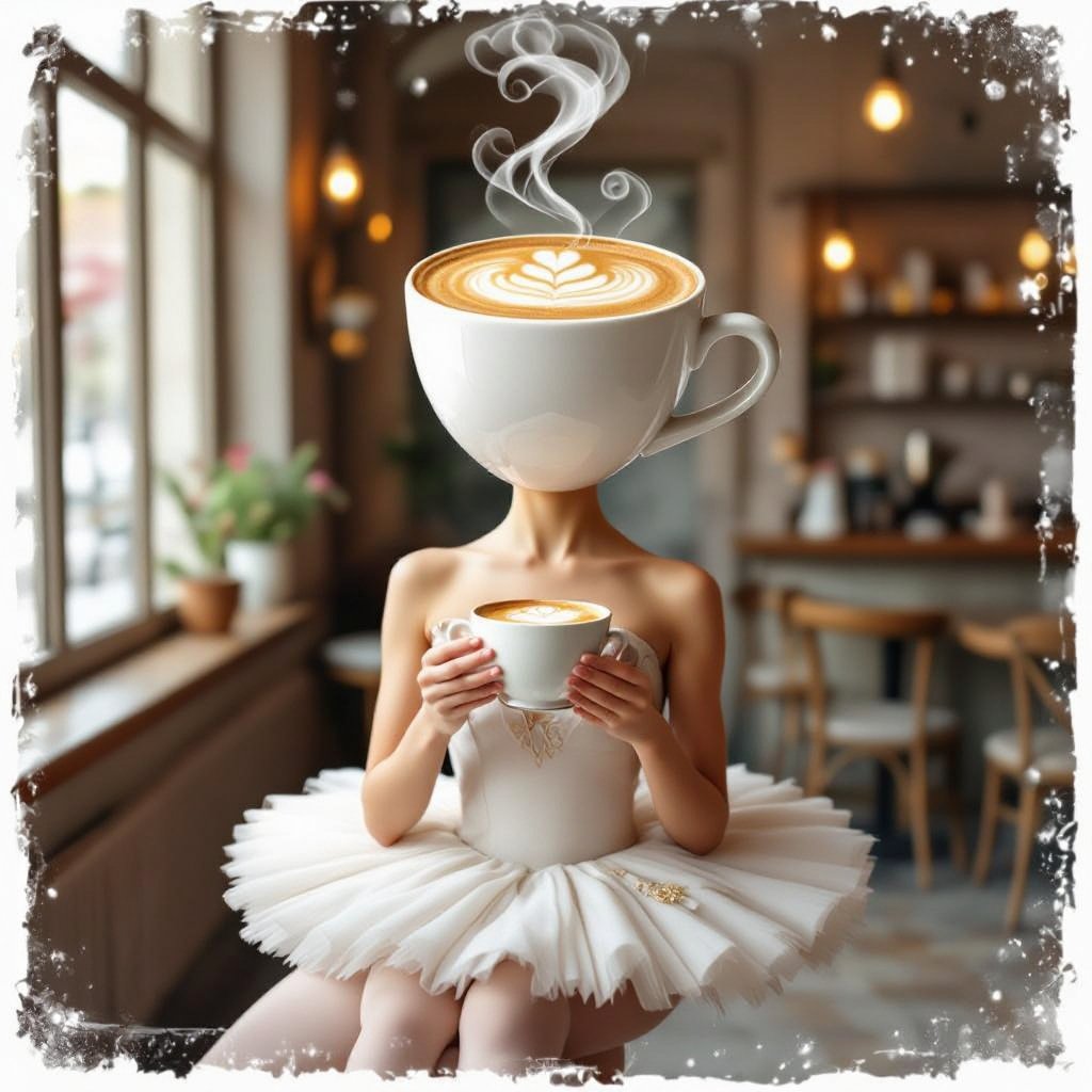 Una ballerina con testa di tazza con cappuccino