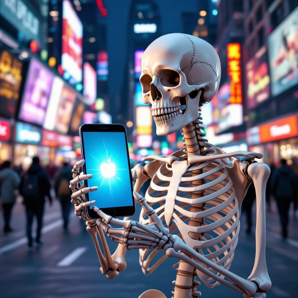 Skeleton with i phone in city
