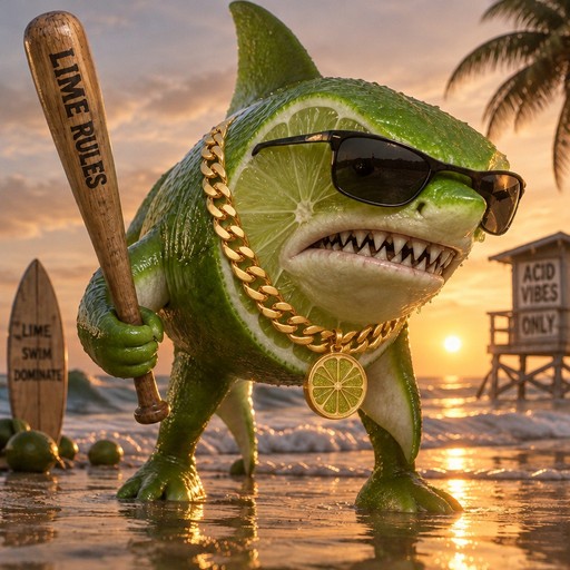 Cartoon shark wearing sunglasses holds a bat at a tropical sunset beach.