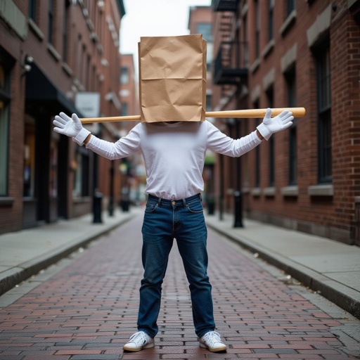 Paper job on head 2 white arm 2 white leg with baseball bat in city
