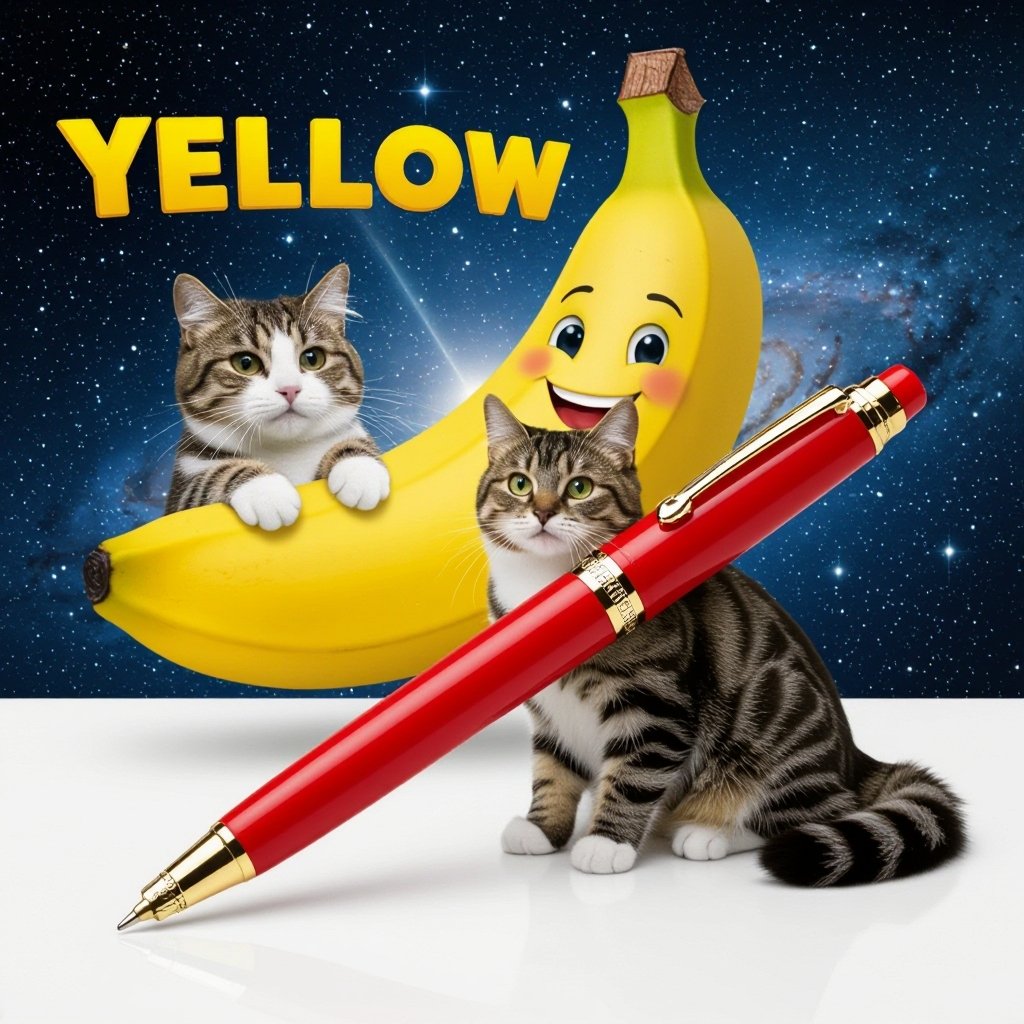 Un gatto spaziale sulla pena con la faccia da persona è una macchina banana dietro