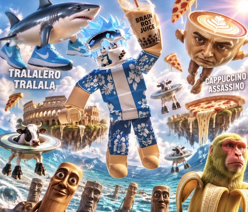 Surreal collage of an ocean, flying shark, coffee cup, and patterned figure.